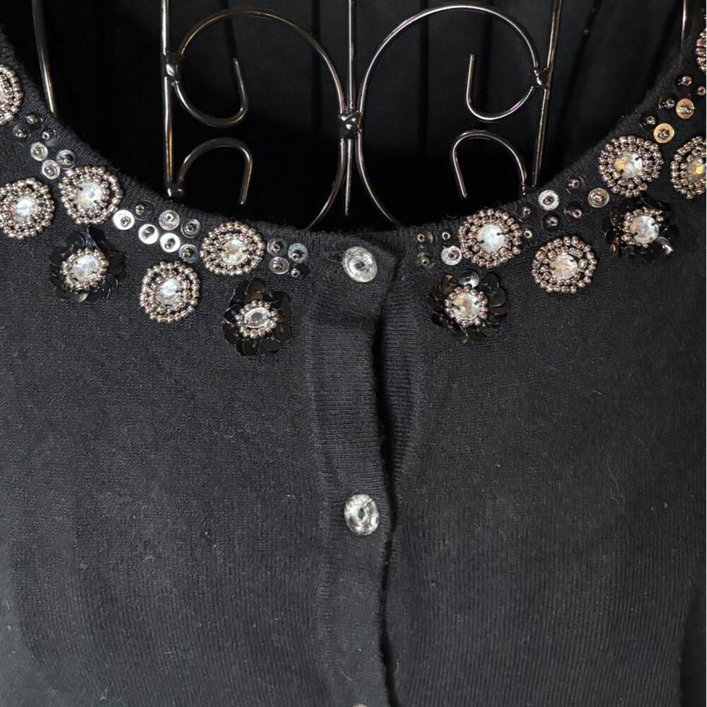 Cable & Gauge Black Embellished Neckline Cardigan Sweater Rhinestone Beaded L - Picture 2 of 6